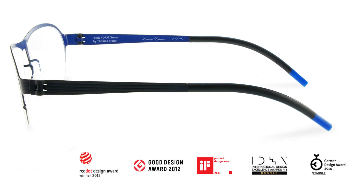 Titanium Glasses GREEN Eyewear Model FFA931 in half-frame design with blue temples and black arms, featuring luxury German engineering and lightweight 14g build.