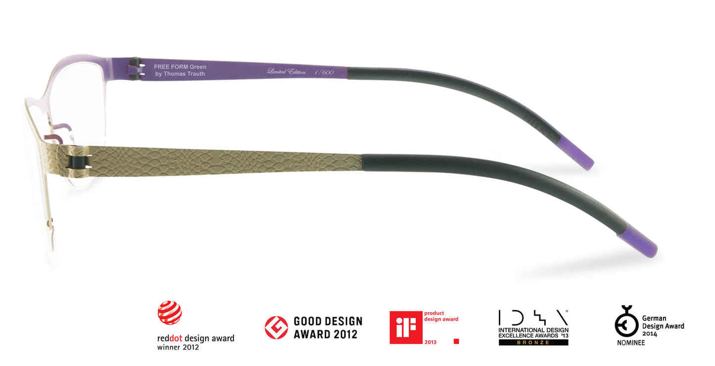 Free Form Eyewear™ Titanium 14g luxury eyeglasses in green with half-frame design and screwless hinge, lightweight German engineering for men and women.