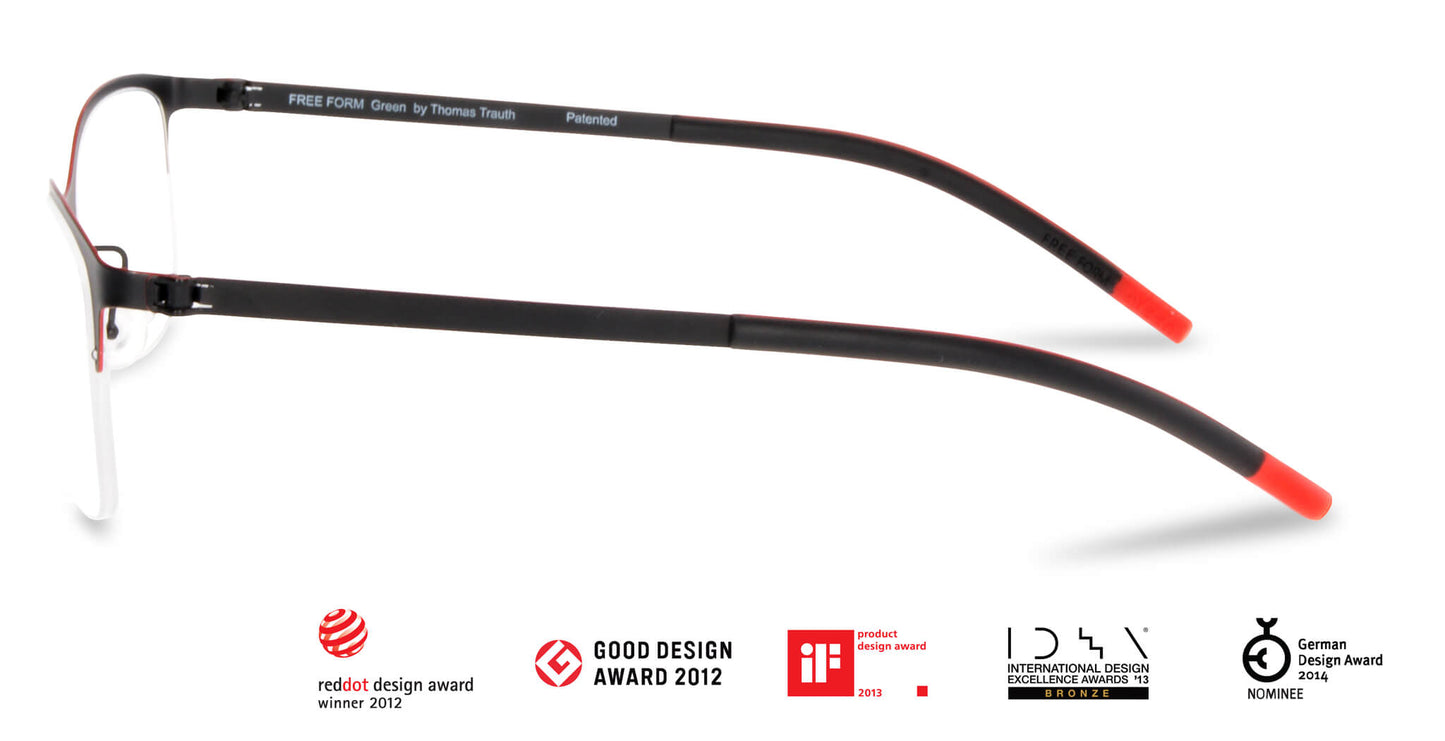 Free Form Eyewear™ Titanium 14g feather-light eyeglasses in green half-frame design with red temple tips, luxury German design for men and women. Features screwless hinge innovation and ultra-lightweight titanium frame ideal for strong prescriptions and all-day comfort.