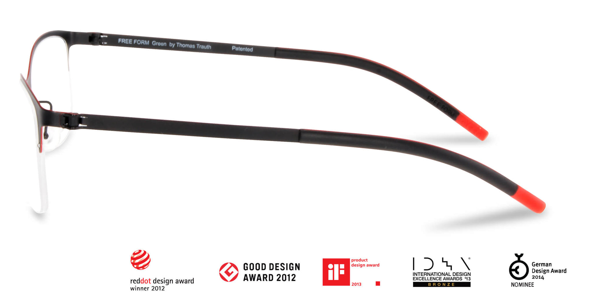 Free Form Eyewear™ Titanium 14g feather-light eyeglasses in green half-frame design with red temple tips, luxury German design for men and women. Features screwless hinge innovation and ultra-lightweight titanium frame ideal for strong prescriptions and all-day comfort.
