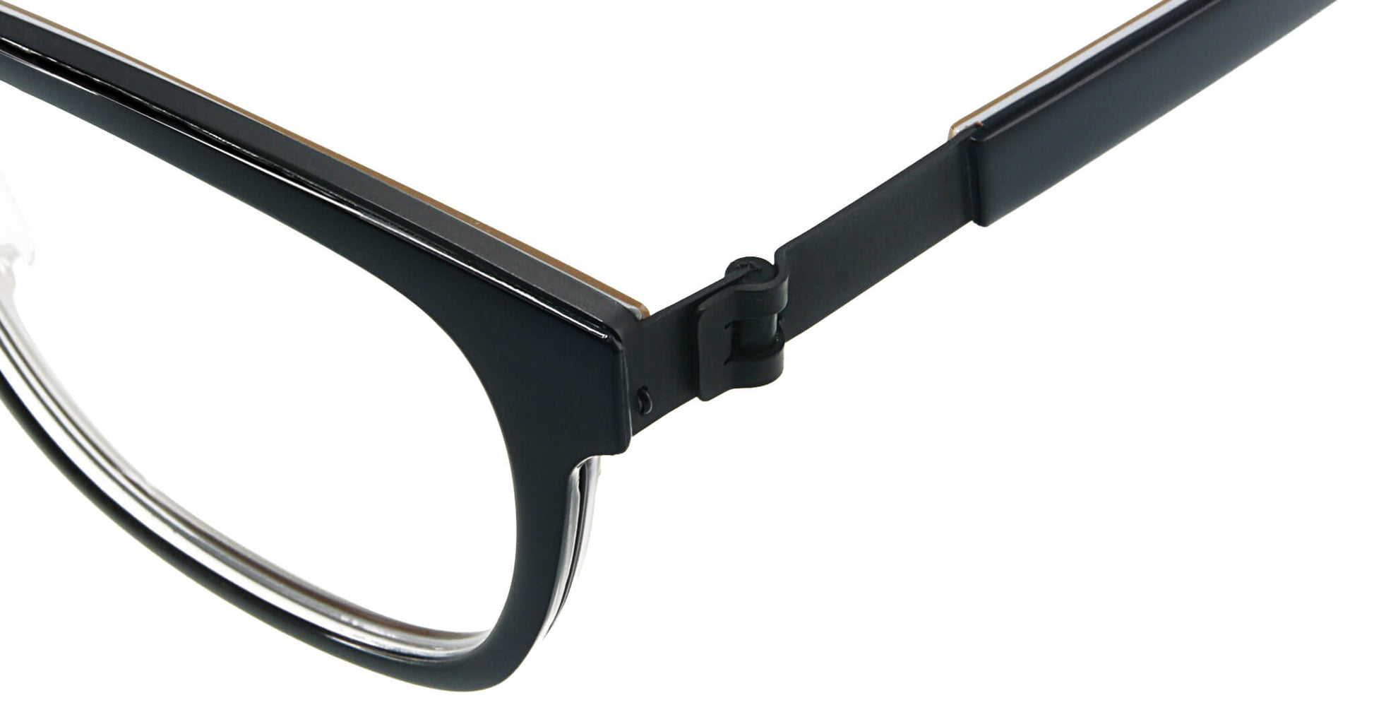 Close-up of Free Form Eyewear™ FFA983 titanium eyeglasses in green, showing screwless hinge and full-rim German design. Lightweight 14g frame for men and women.