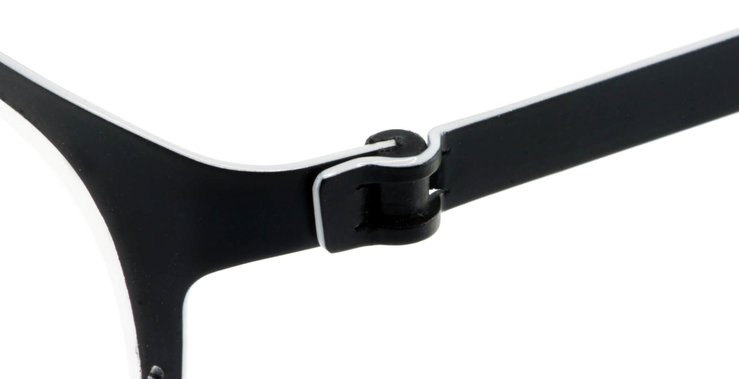 Close-up of Free Form Eyewear™ Titanium 14g FFA918 hinge showing screwless German-engineered design in black half-frame. Lightweight and durable.