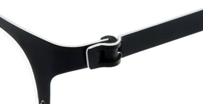 Close-up of Free Form Eyewear™ Titanium 14g FFA918 hinge showing screwless German-engineered design in black half-frame. Lightweight and durable.