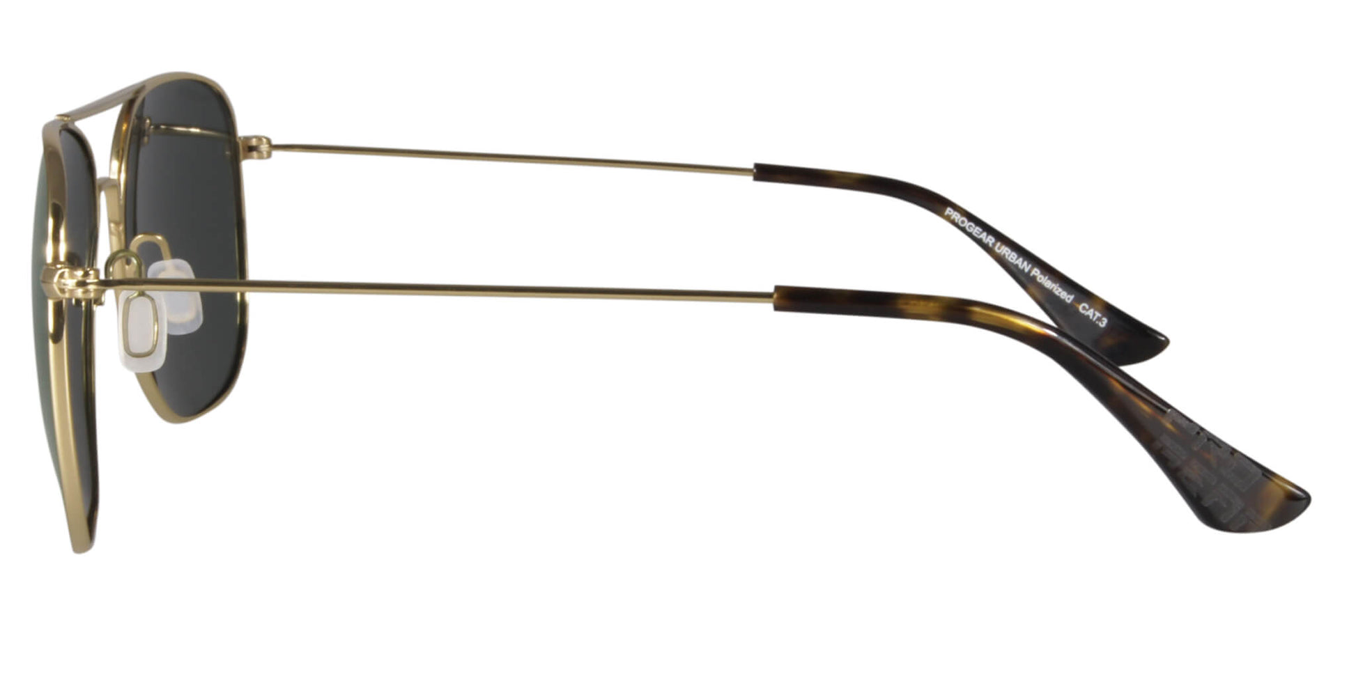 Side profile of PROGEAR Urban U-1512 gold sunglasses showing adjustable temple tips and lightweight metal frame for comfort.