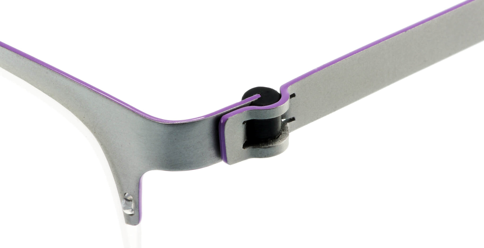 Close-up of Free Form Eyewear™ Titanium 14g eyeglasses hinge in green and purple, showcasing screwless German-engineered half-frame design.