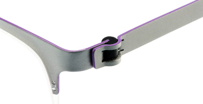 Close-up of Free Form Eyewear™ Titanium 14g eyeglasses hinge in green and purple, showcasing screwless German-engineered half-frame design.