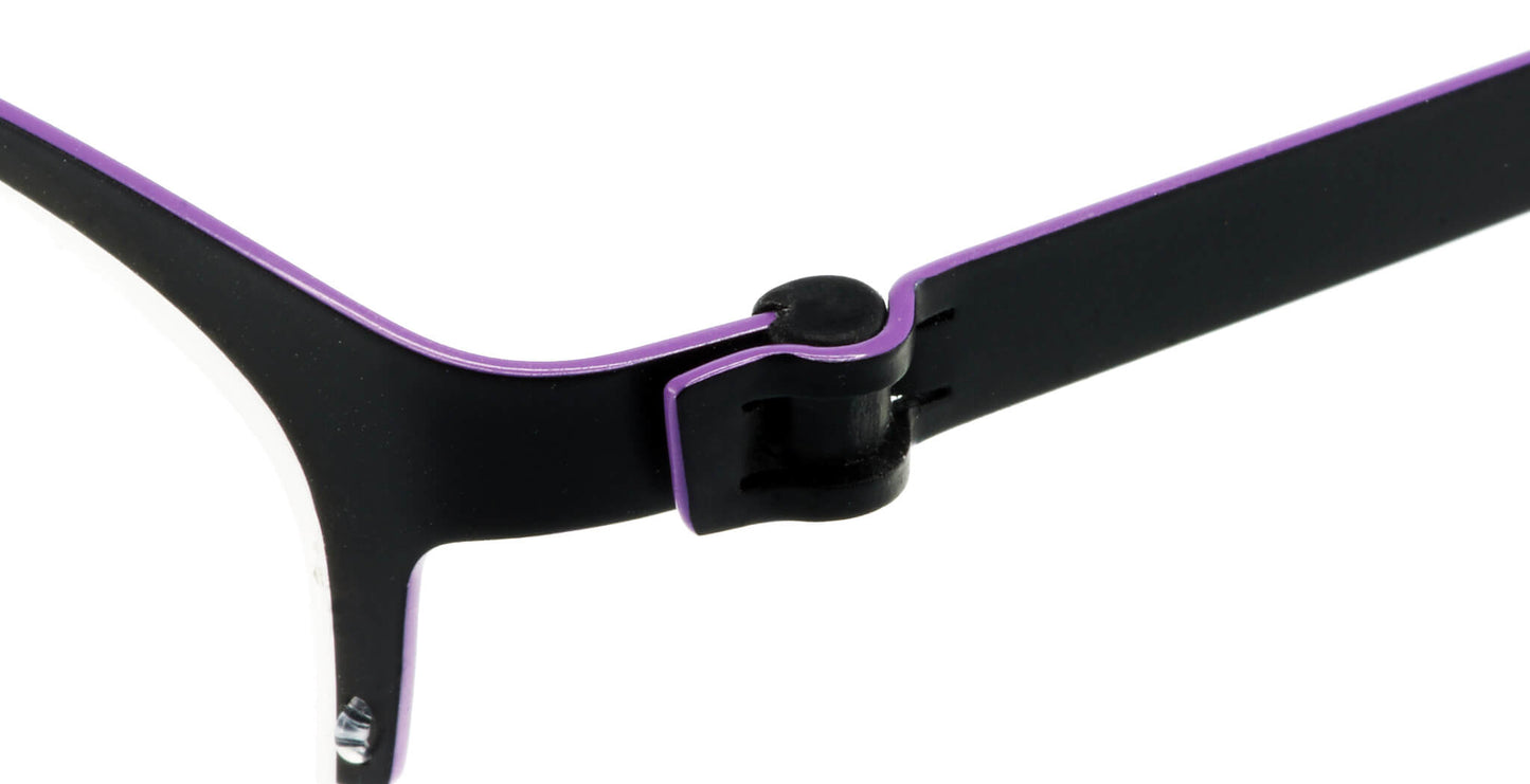 Close-up of Free Form Eyewear™ Titanium 14g feather-light eyeglasses in black and purple, showcasing screwless hinge and half-frame German design.