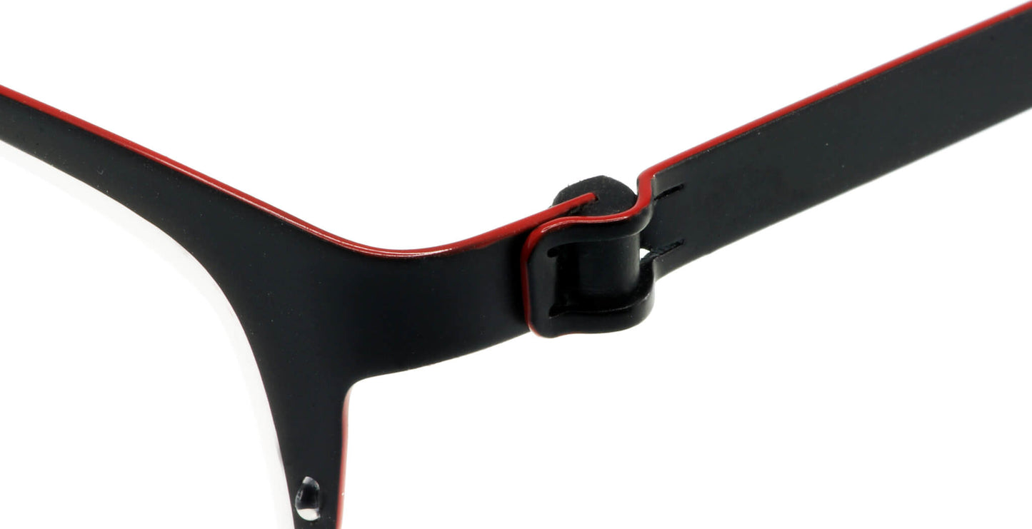 Close-up of Free Form Eyewear™ Titanium 14g feather-light eyeglasses model FFA914 in black with red trim, showcasing screwless hinge design. Luxury German-engineered half-frame for men and women.