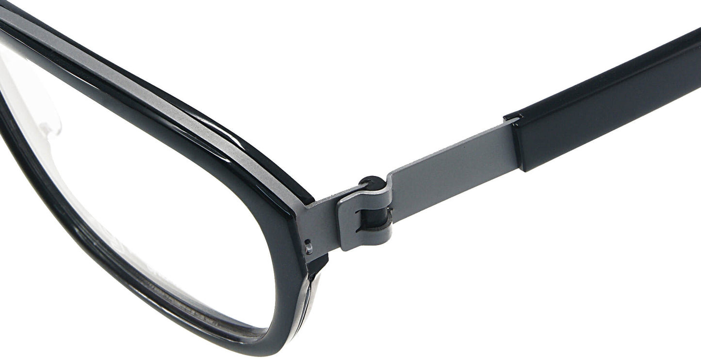 Close-up of Free Form Eyewear™ FFA981 titanium eyeglasses hinge in green full frame. Features screwless German-engineered design for durability.