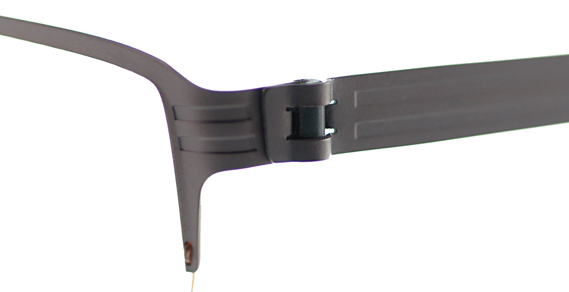 Close-up of Free Form Eyewear™ FFA933 titanium eyeglasses hinge showing screwless German-engineered design in lightweight 14g half-frame style.