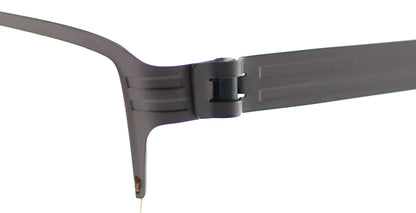 Close-up of Free Form Eyewear™ FFA933 titanium eyeglasses hinge showing screwless German-engineered design in lightweight 14g half-frame style.