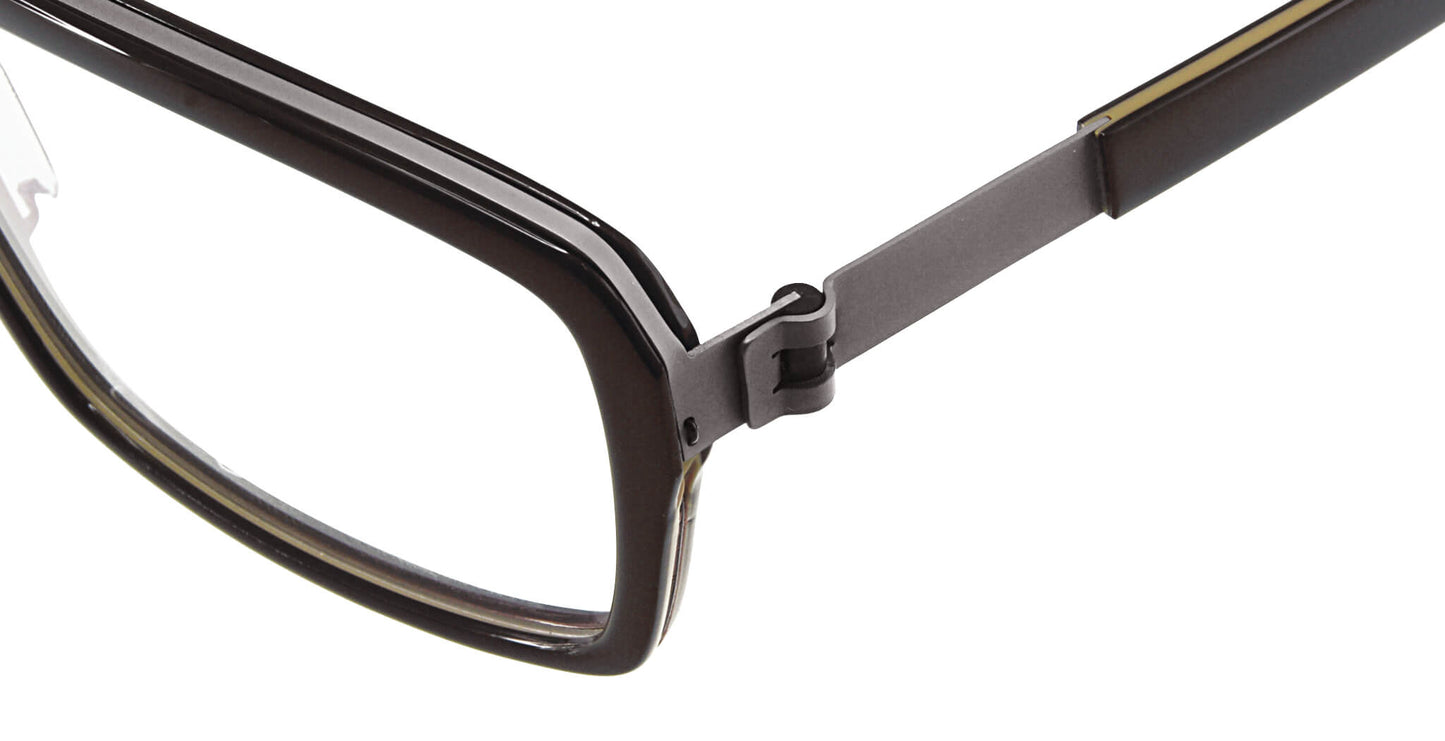 Close-up of Free Form Eyewear™ Titanium FFA985 eyeglasses in green with screwless hinge. Luxury German design, lightweight 14g full frame for men and women.