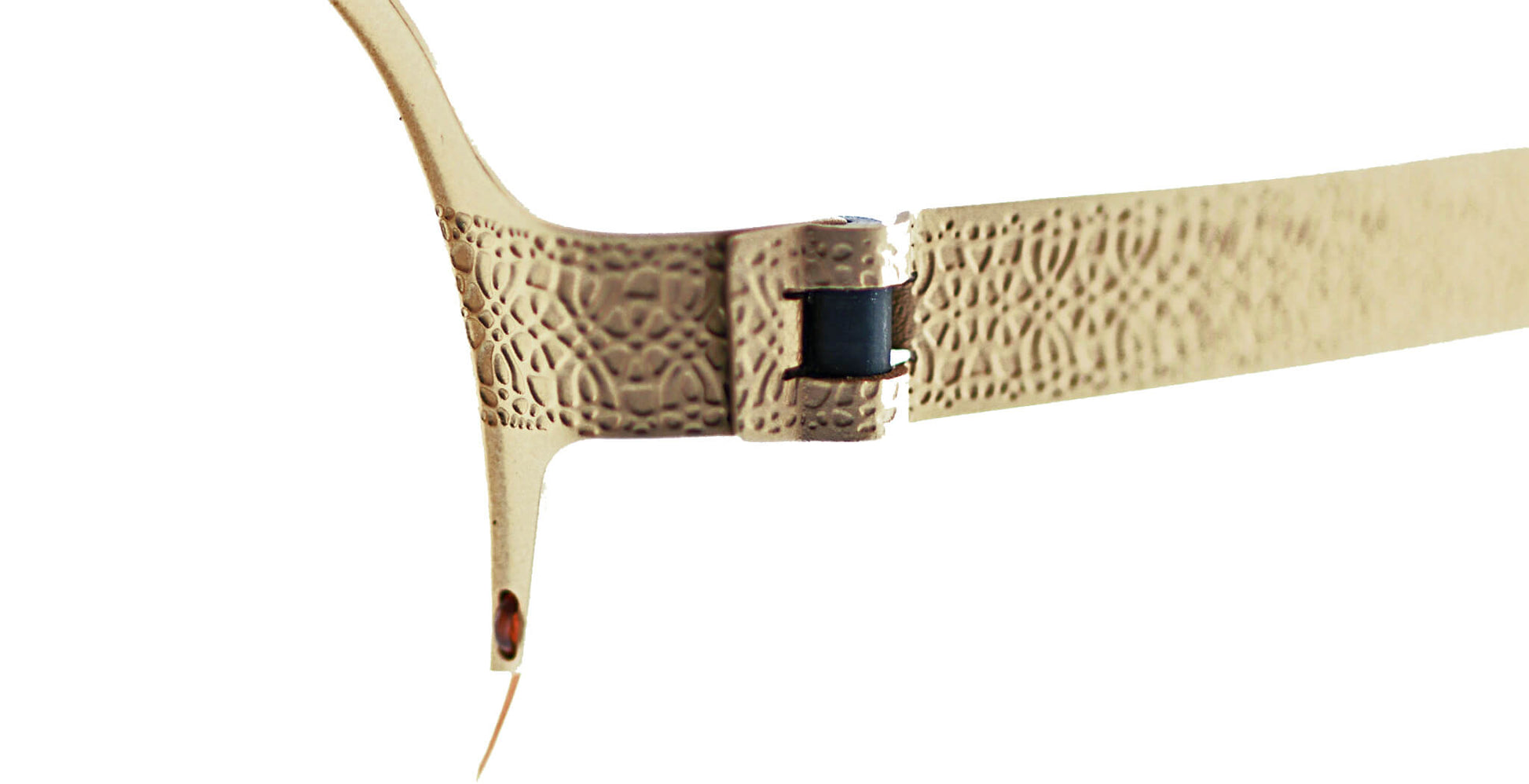 Close-up of Free Form Eyewear™ Model FFA937 titanium eyeglasses in green with textured half-frame and screwless hinge. Lightweight 14g German design.