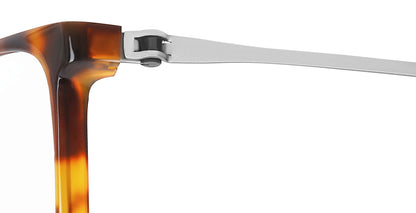 Close-up of Free Form Eyewear™ FFA994 titanium glasses in shiny tortoise and silver, showcasing screwless hinge and lightweight full frame design for men and women.