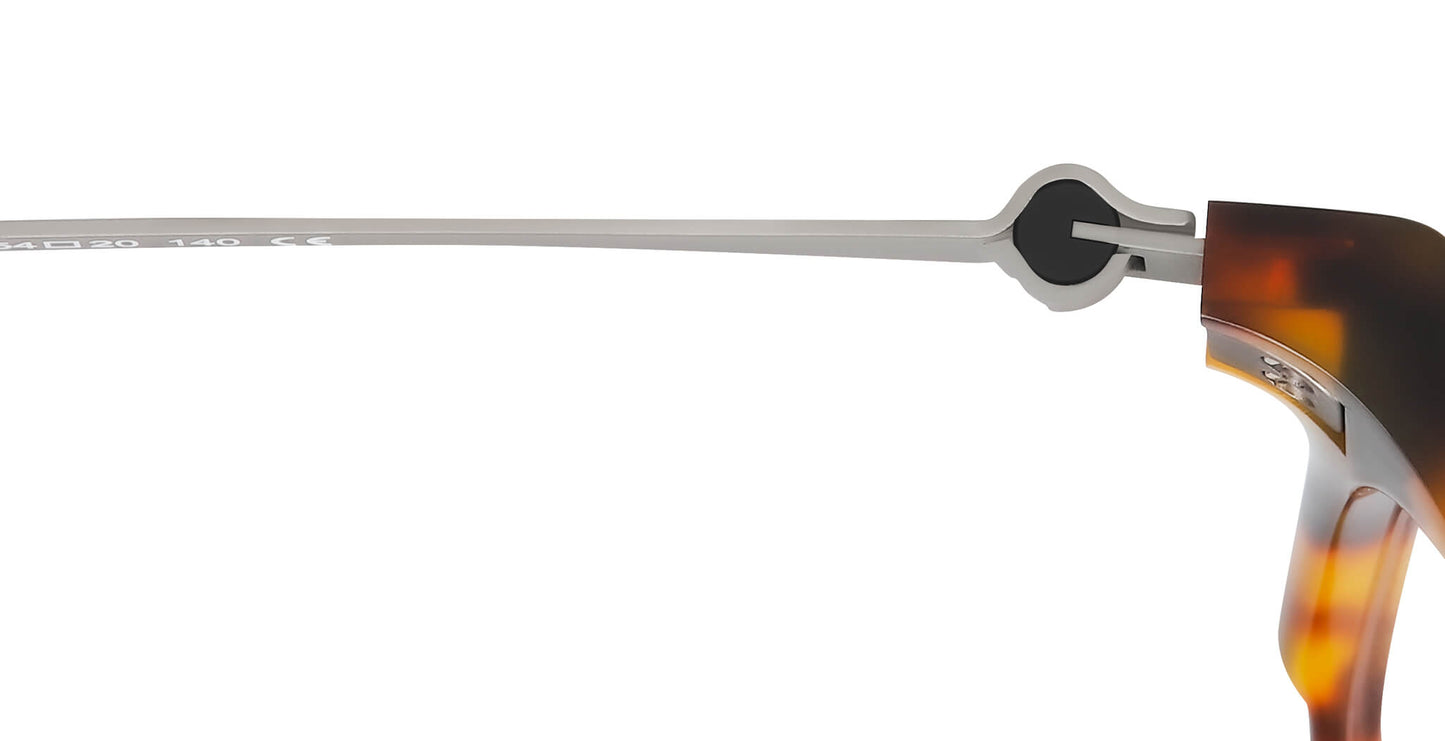 Close-up of Free Form Eyewear™ Titanium 14g feather-light eyeglasses hinge in silver, showcasing screwless German design for durability and comfort.