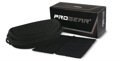 PROGEAR sunglasses packaging with hard case and cleaning cloths, ideal for safe storage and lens maintenance.