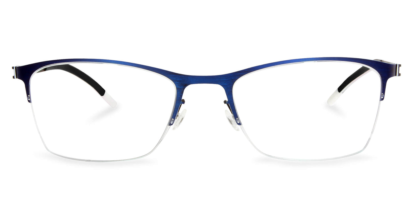Free Form Eyewear™ Titanium 14g feather-light eyeglasses in blue half frame with clear lenses, luxury German design for men and women. Lightweight titanium glasses ideal for strong prescriptions and all-day comfort.