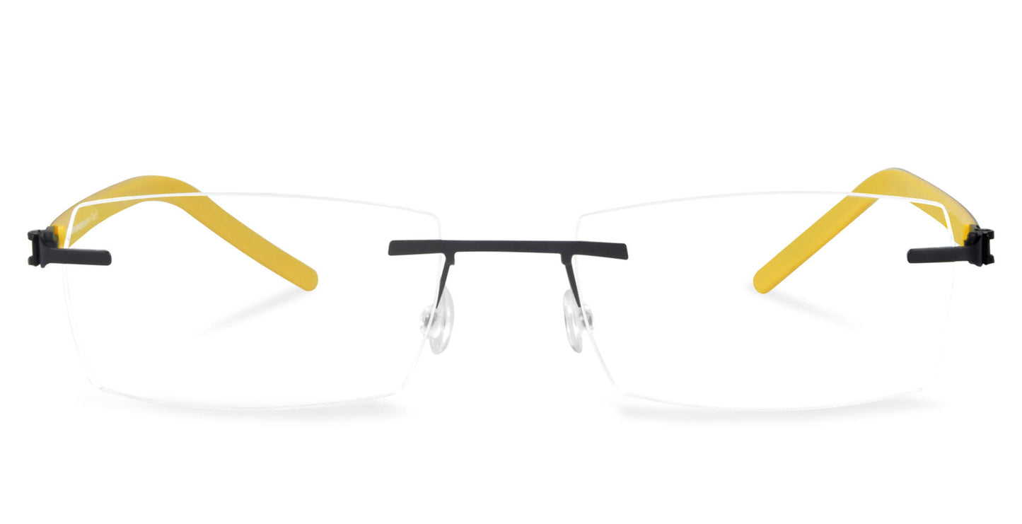 Free Form Eyewear™ FFA960 rimless titanium glasses with yellow temples and black bridge, ultra-light 14g luxury German design for men and women. Ideal for blue light protection and strong prescriptions, perfect for daily wear and online clearance deals.