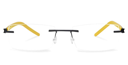 Free Form Eyewear™ FFA960 rimless titanium glasses with yellow temples and black bridge, ultra-light 14g luxury German design for men and women. Ideal for blue light protection and strong prescriptions, perfect for daily wear and online clearance deals.