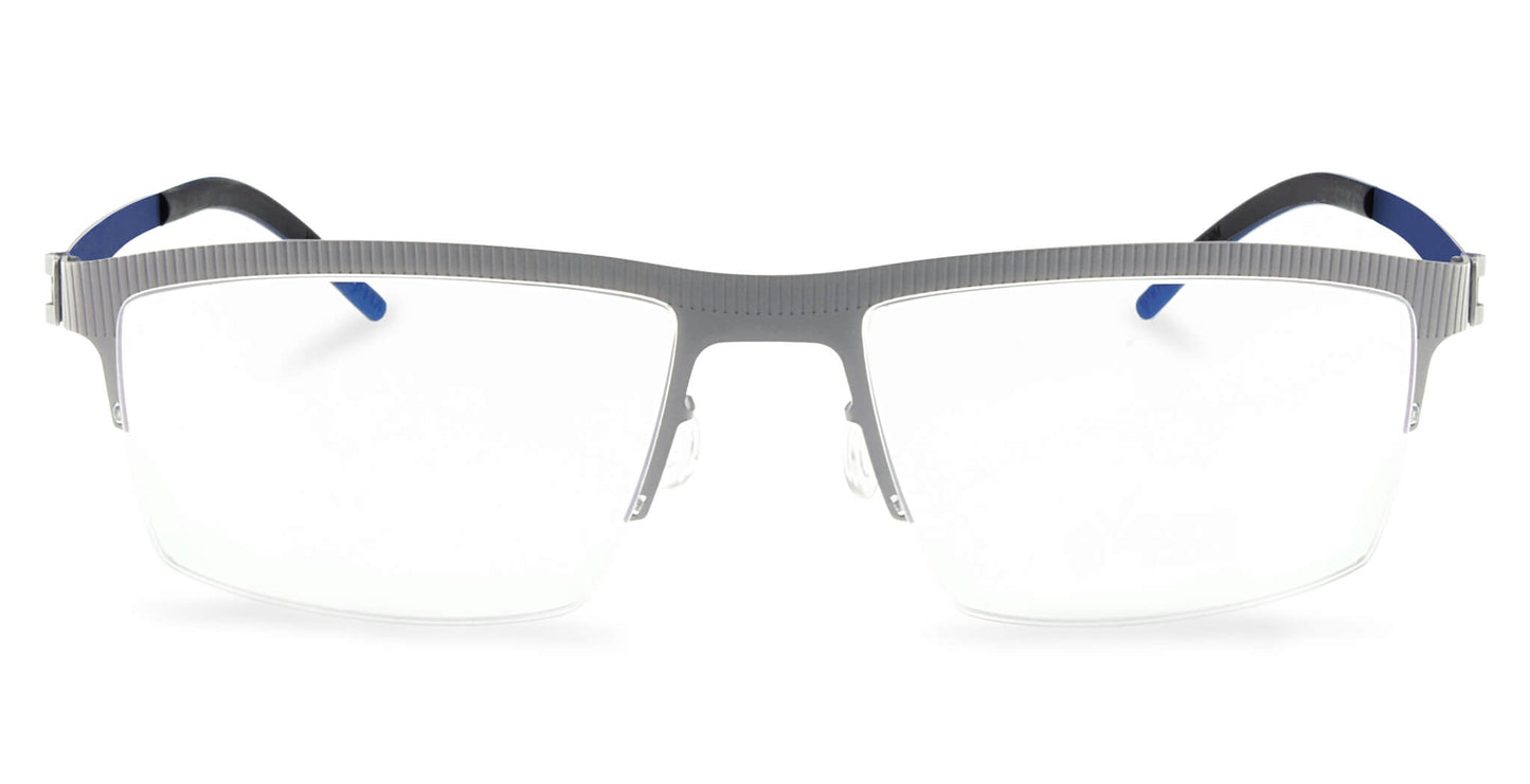 Free Form Eyewear™ Titanium 14g feather-light eyeglasses in green half-frame design with blue temple tips. Luxury German design for men and women.