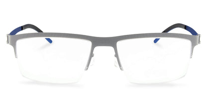 Free Form Eyewear™ Titanium 14g feather-light eyeglasses in green half-frame design with blue temple tips. Luxury German design for men and women.