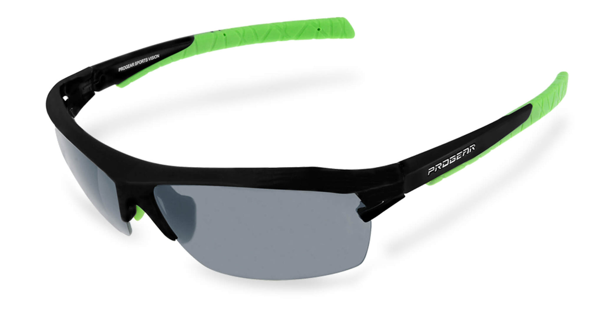 PROGEAR Racer S-1283 fishing prescription sunglasses in black with green accents and gray lenses. Sporty and RX ready.