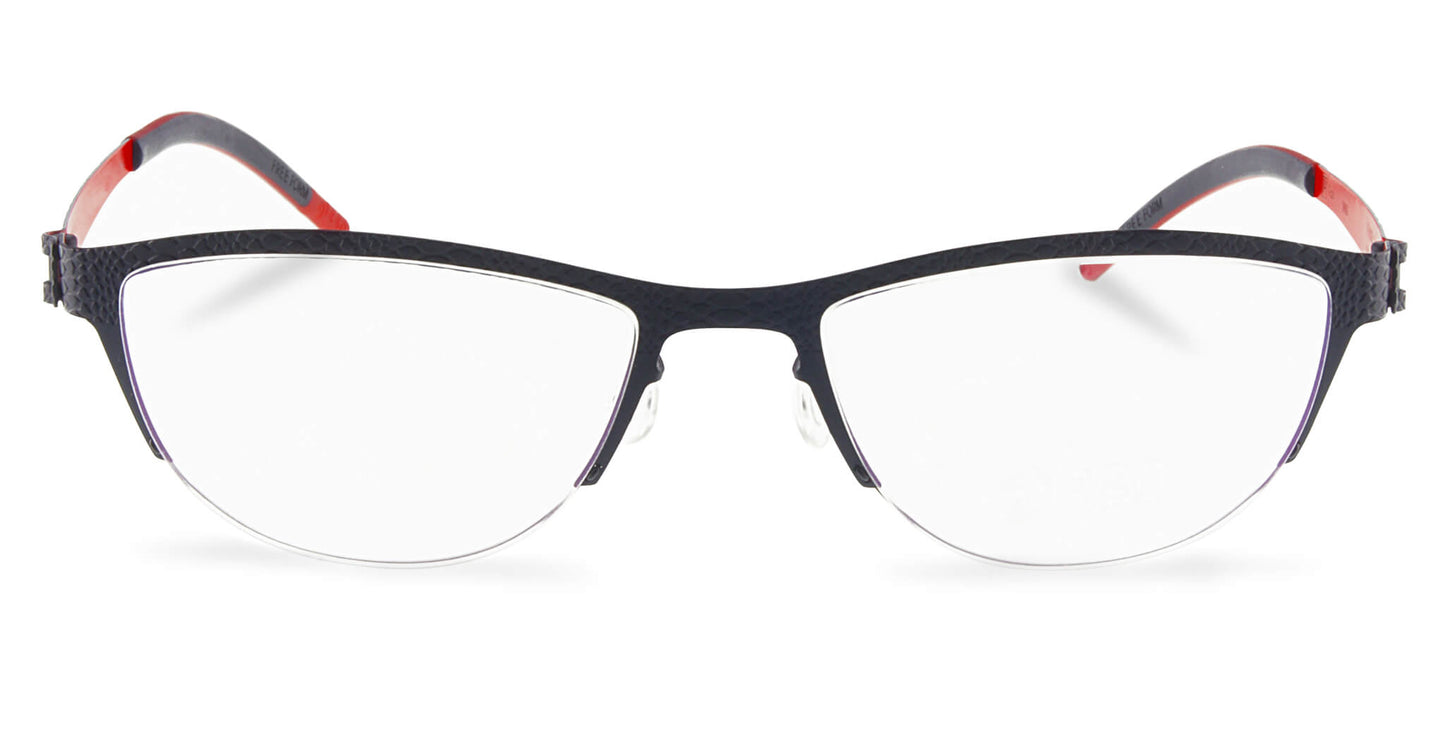 Free Form Eyewear™ Titanium 14g feather-light half frame glasses in green with red temple tips. Luxury German design for men and women, ideal for blue light protection.