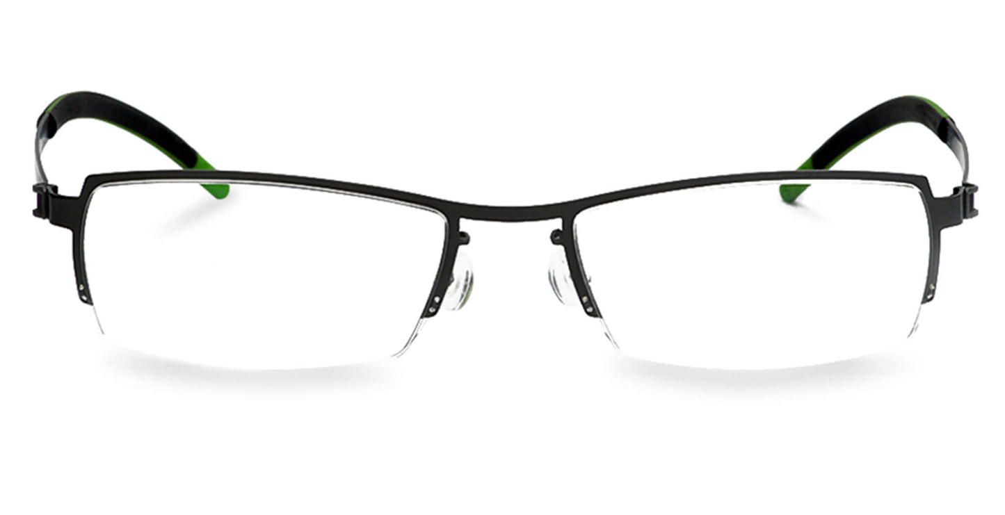 Free Form Eyewear™ Titanium 14g feather-light green half-frame eyeglasses with luxury German design for men and women. Lightweight and screwless hinge ideal for blue light and prescription use.