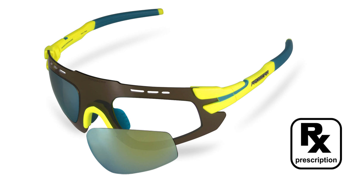 PROGEAR Sprinter S-1284 wrap-around prescription sunglasses in yellow and brown with green mirror lenses for sporty style.