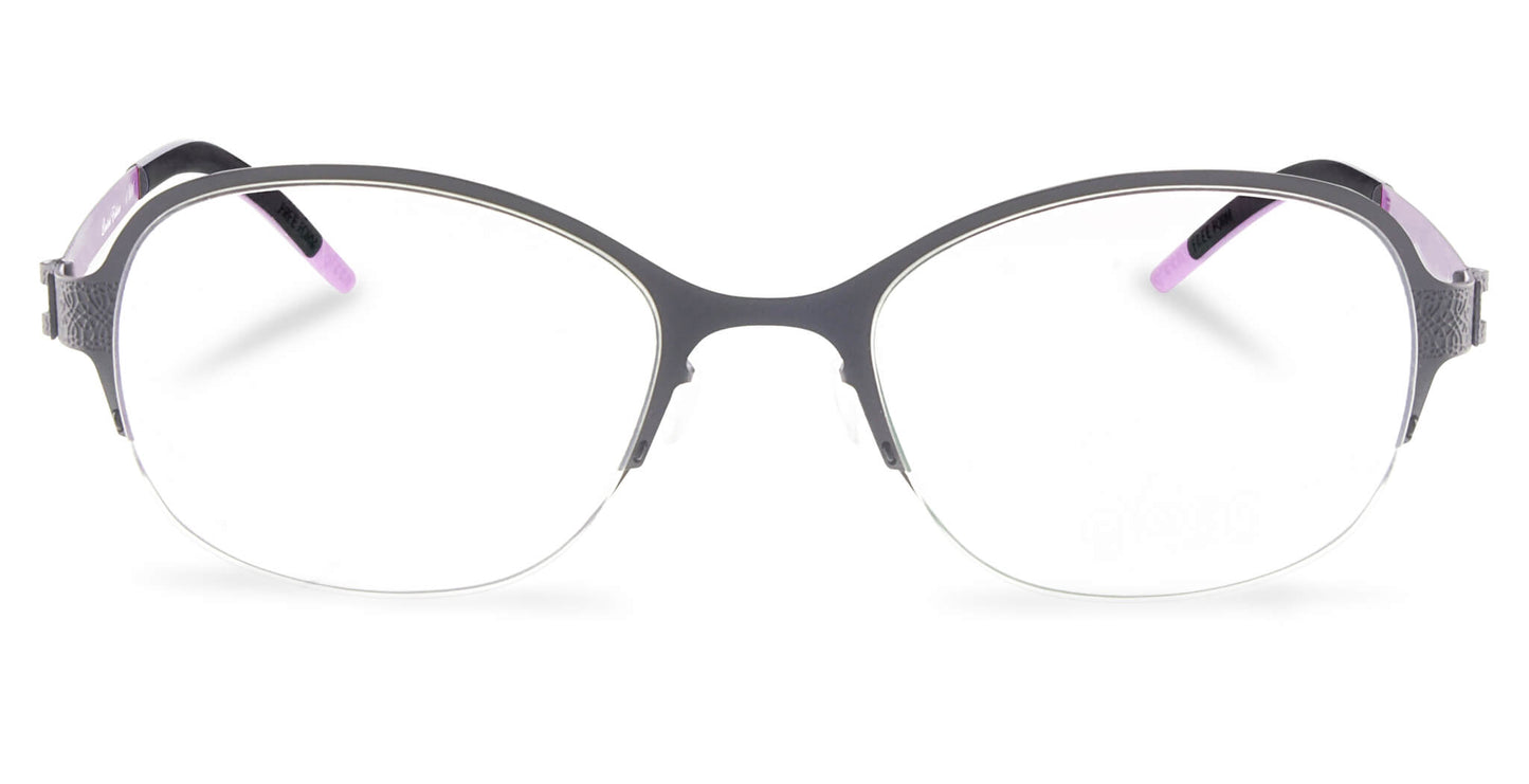 Free Form Eyewear™ FFA937 titanium eyeglasses in green with half-frame design and purple temple tips. Lightweight 14g luxury German design for men and women.