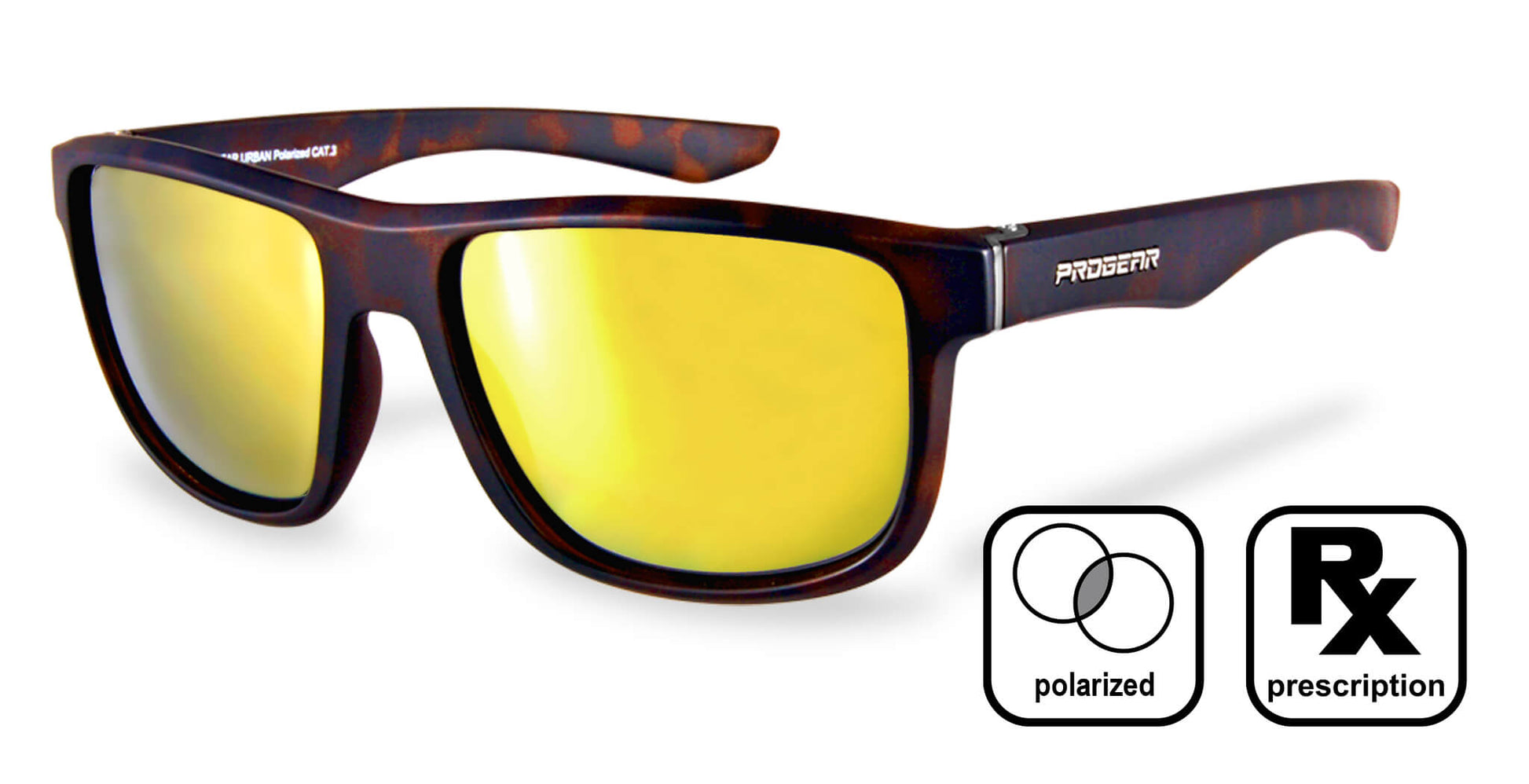 PROGEAR Urban U-1501 polarized prescription sunglasses in tortoise frame with gold mirror lenses, ideal for sports and UV protection.