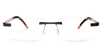 Free Form Eyewear™ FFA957 rimless titanium glasses in green with orange-black temples, ultra-light 14g frame for men and women. Luxury German design with screwless hinges for all-day comfort and durability.