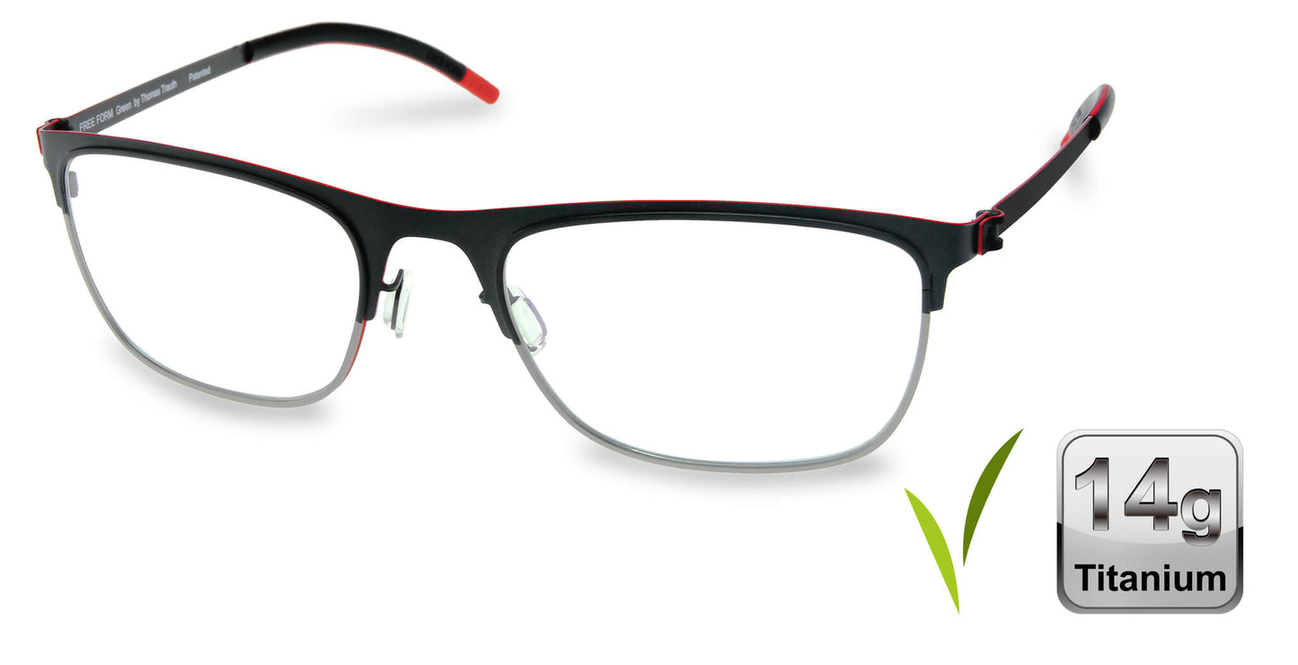 Free Form Eyewear™ Titanium 14g feather-light eyeglasses in green full-rim frame with red accents, luxury German design for men and women. Lightweight titanium glasses ideal for strong prescriptions and all-day comfort.
