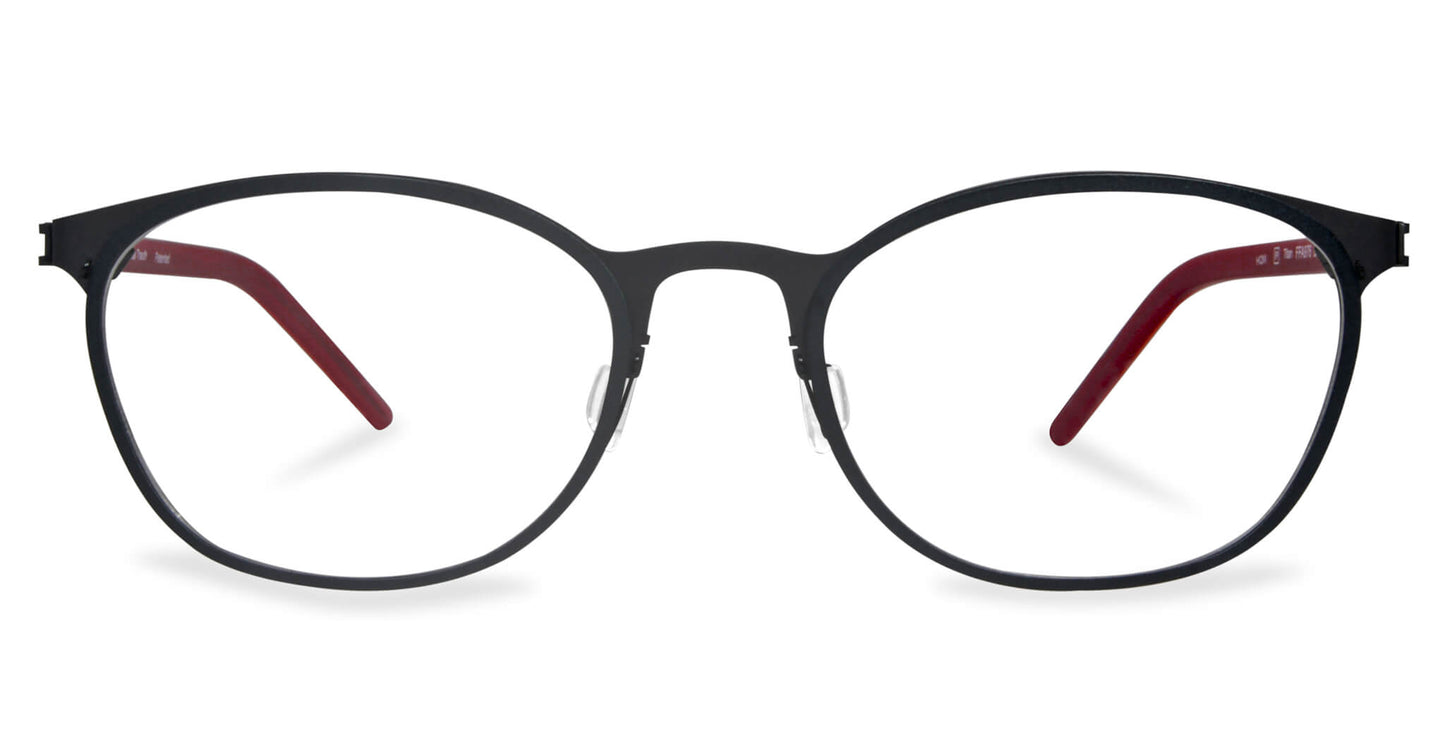 Free Form Eyewear™ Titanium 14g feather-light eyeglasses in green full frame with red temples, luxury German design for men and women. Lightweight titanium glasses ideal for strong prescriptions and all-day comfort.