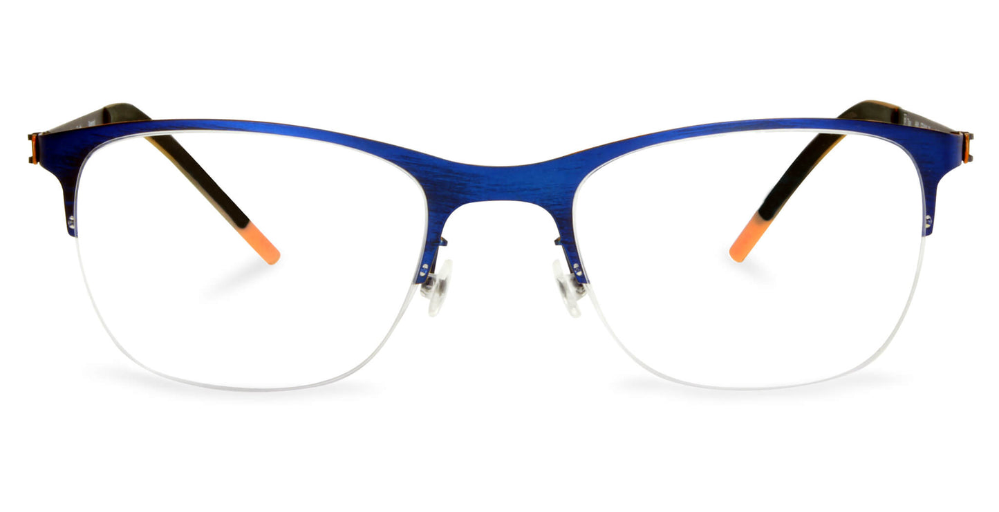 Free Form Eyewear™ Titanium 14g feather-light eyeglasses in blue half-frame design for men and women. Luxury German-engineered, screwless hinge frame.