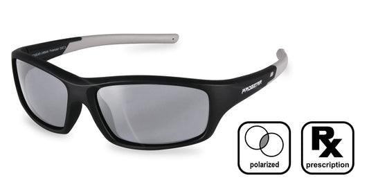 PROGEAR Urban U-1513 polarized prescription sunglasses in black with gray lenses, ideal for sports and outdoor UV protection.