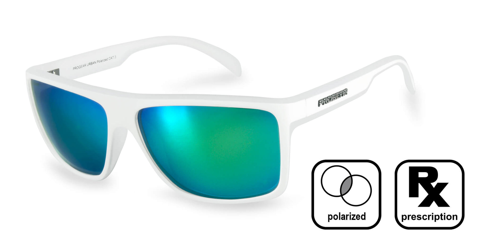 PROGEAR Urban U-1508 white prescription sunglasses with green polarized lenses, ideal for sports and UV protection. Stylish wrap-around design.
