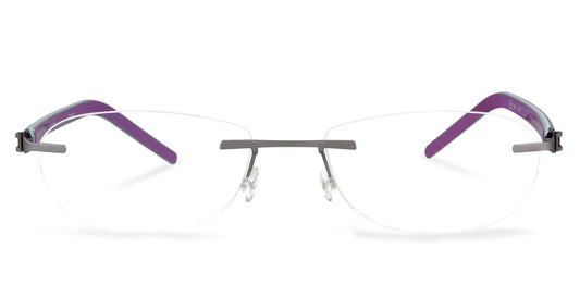 Free Form Eyewear™ Titanium 14g rimless eyeglasses in green with purple temples, featuring luxury German design and screwless hinge innovation.
