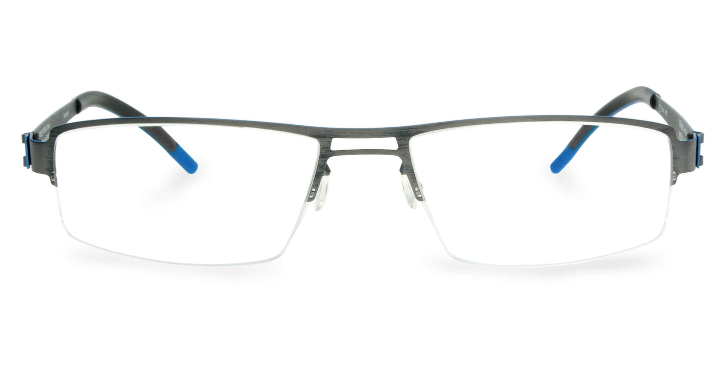 Free Form Eyewear™ FFA903 titanium glasses in green half-frame with blue temple tips, luxury German design, ultra-lightweight 14g for men and women.