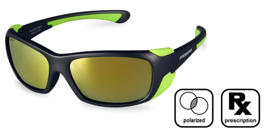 Black and green PROGEAR Kids Wrap-Around Prescription Sunglasses with polarized yellow lenses, designed for active kids with UV protection.