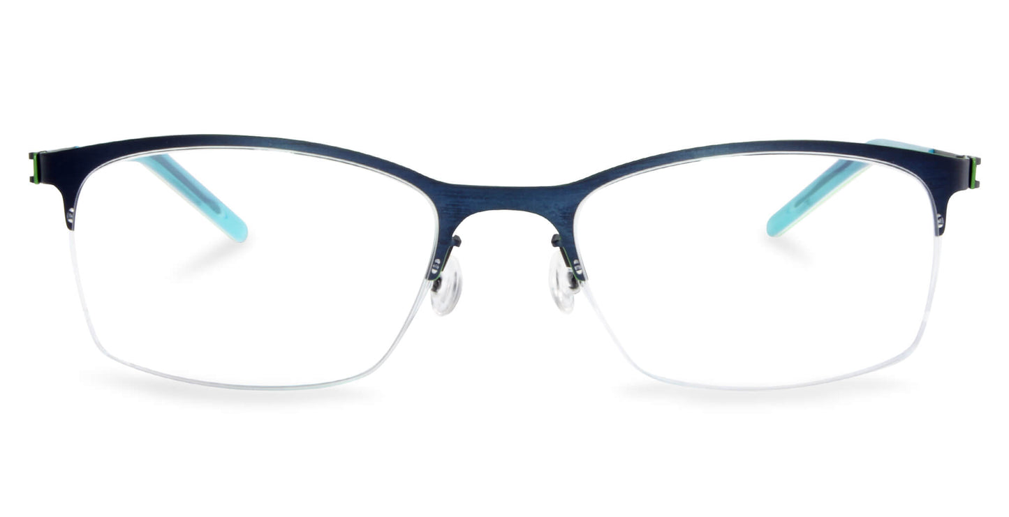Free Form Eyewear™ FFA916 green titanium half frame glasses with blue temples, 14g lightweight German design for men and women. Ideal for blue light and prescription use.