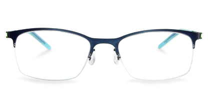 Free Form Eyewear™ FFA916 green titanium half frame glasses with blue temples, 14g lightweight German design for men and women. Ideal for blue light and prescription use.
