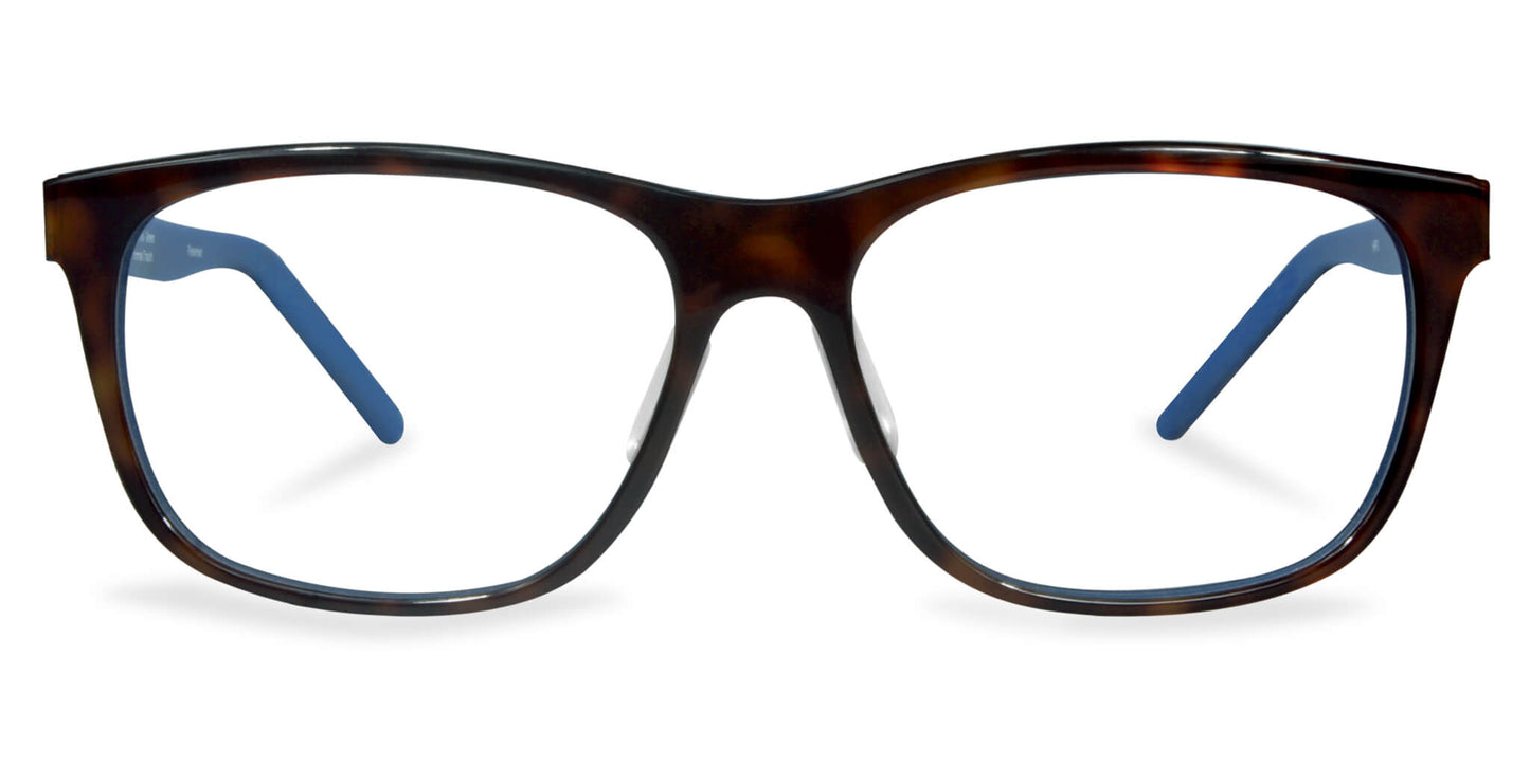 Free Form Eyewear™ Titanium 14g feather-light eyeglasses in tortoiseshell full frame with blue temple tips. Luxury German design for men and women.