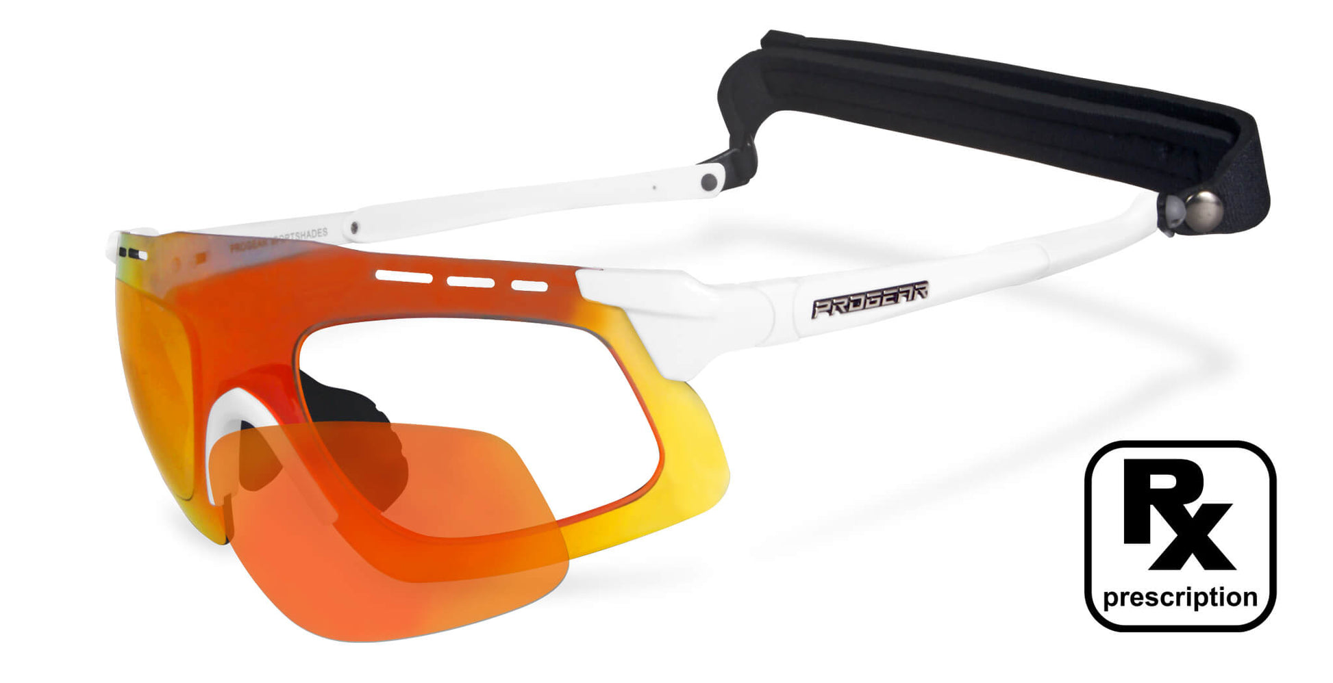 PROGEAR Sprinter2 prescription sunglasses in white-orange with wrap-around frame and Rx compatibility for sports use.
