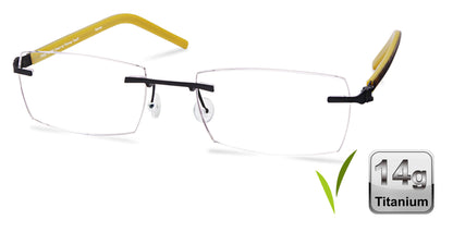 Free Form Eyewear™ FFA960 rimless titanium glasses in green with yellow temples, 14g ultra-lightweight German design for men and women. Ideal for blue light protection and strong prescriptions.