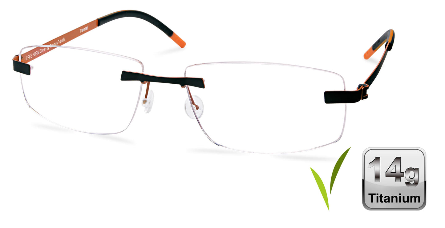 Free Form Eyewear™ FFA957 rimless green titanium glasses with orange temple tips, 14g lightweight German design for men and women. Ideal for blue light protection and strong prescriptions.