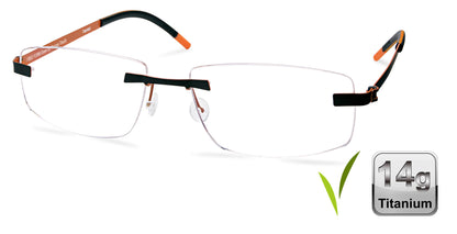 Free Form Eyewear™ FFA957 rimless green titanium glasses with orange temple tips, 14g lightweight German design for men and women. Ideal for blue light protection and strong prescriptions.