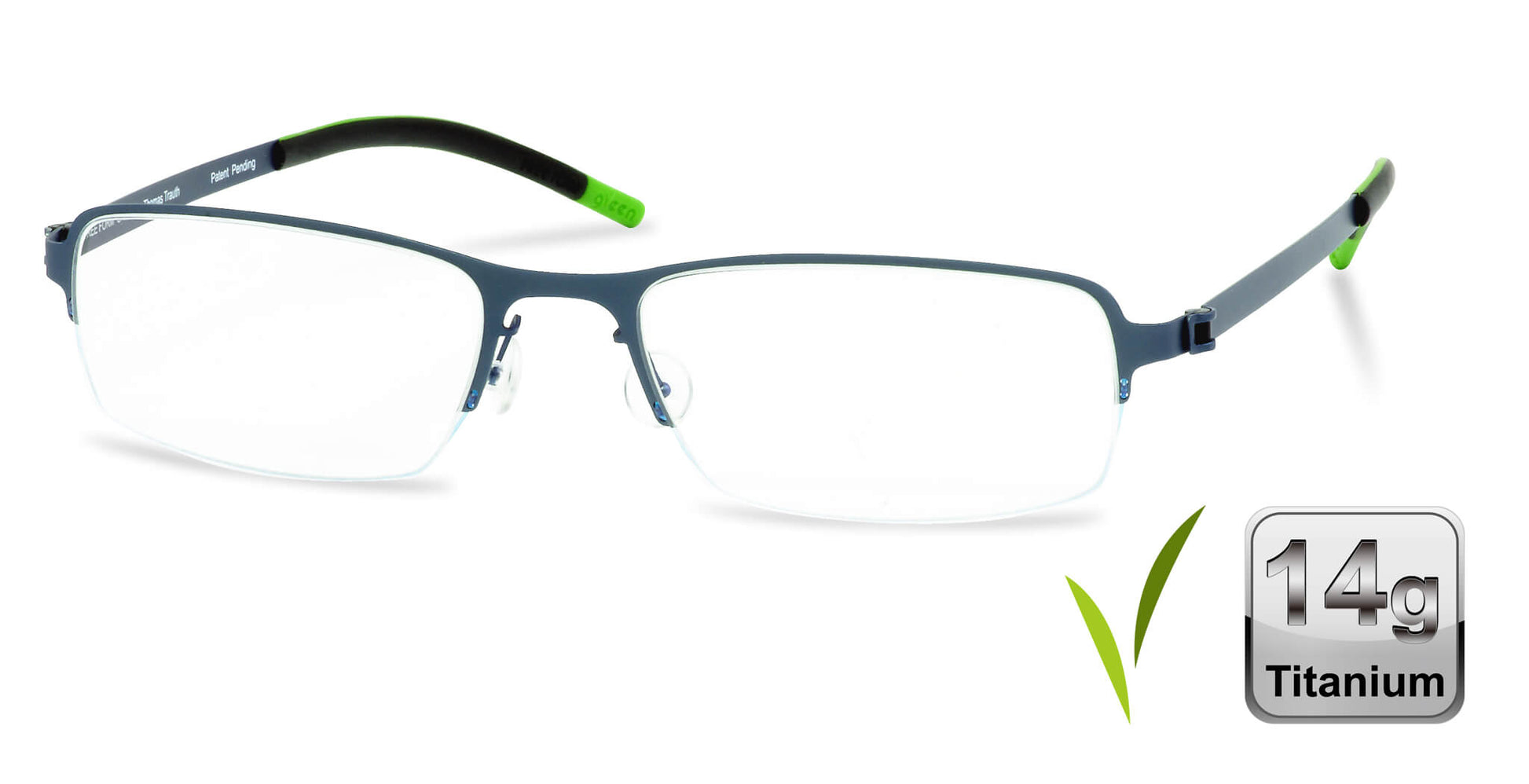 Free Form Eyewear™ FFA904 green half-frame titanium glasses with 14g ultra-lightweight design and screwless hinges for men and women. Luxury German-engineered eyeglasses ideal for blue light protection and strong prescriptions.