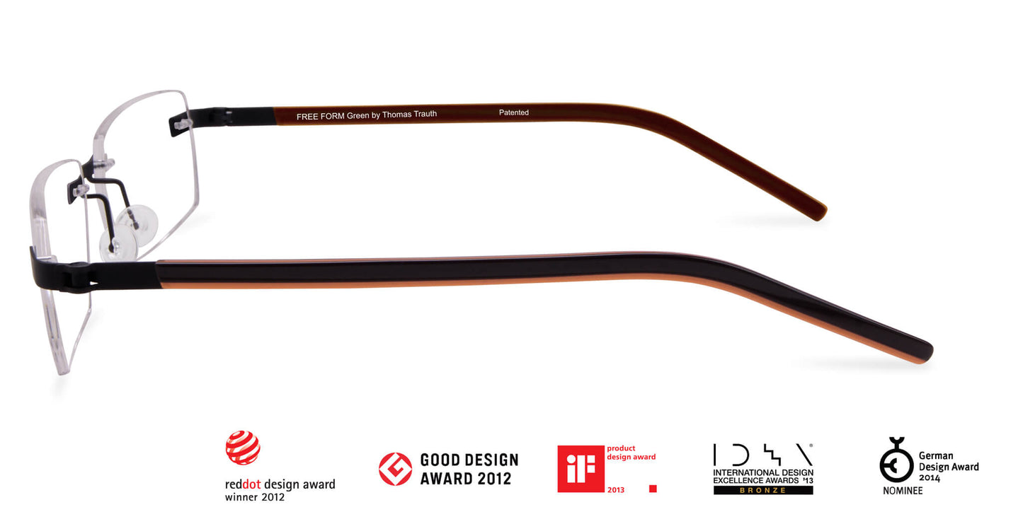 Free Form Eyewear™ Titanium 14g rimless eyeglasses in green with screwless hinge and ultra-light German design. Luxury prescription-ready frame.