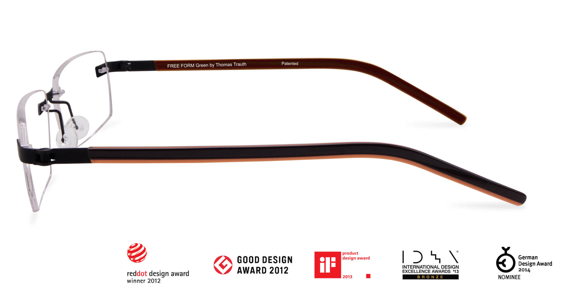 Free Form Eyewear™ Titanium 14g rimless eyeglasses in green with screwless hinge and ultra-light German design. Luxury prescription-ready frame.